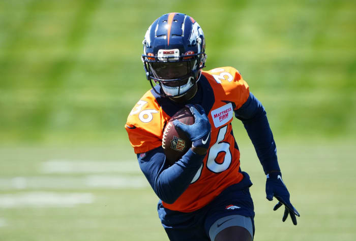 Denver Bronco wide receiver Brandon Johnson (36) during mini camp drills at UCHealth Training Center.